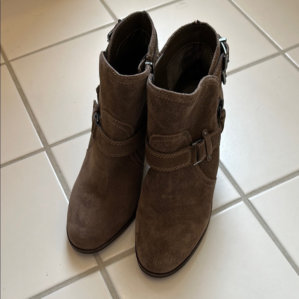 Brown Suede Ankle Booties with Buckle Detail